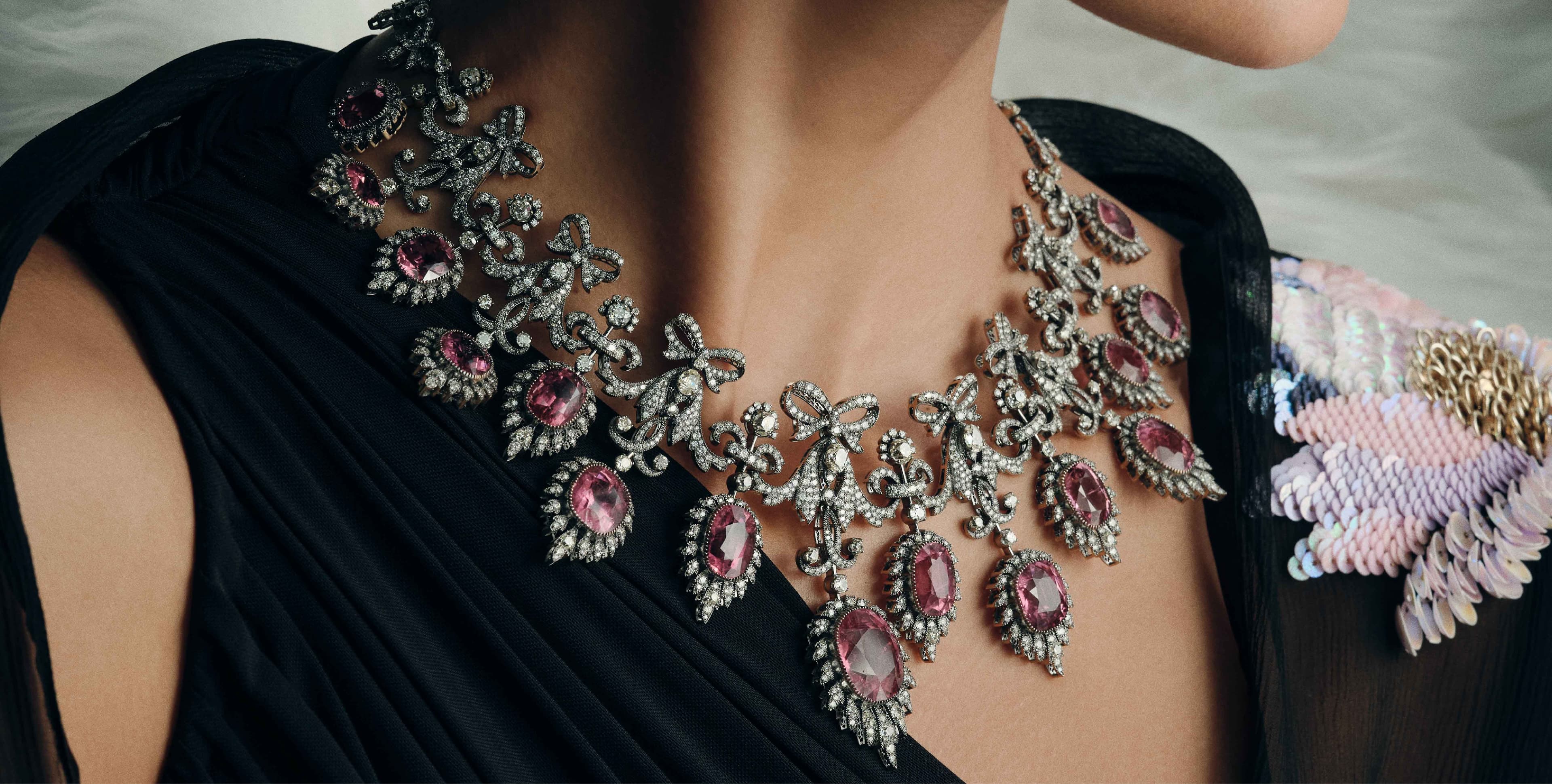 Heirlooms — pink stone and diamond bow necklace
