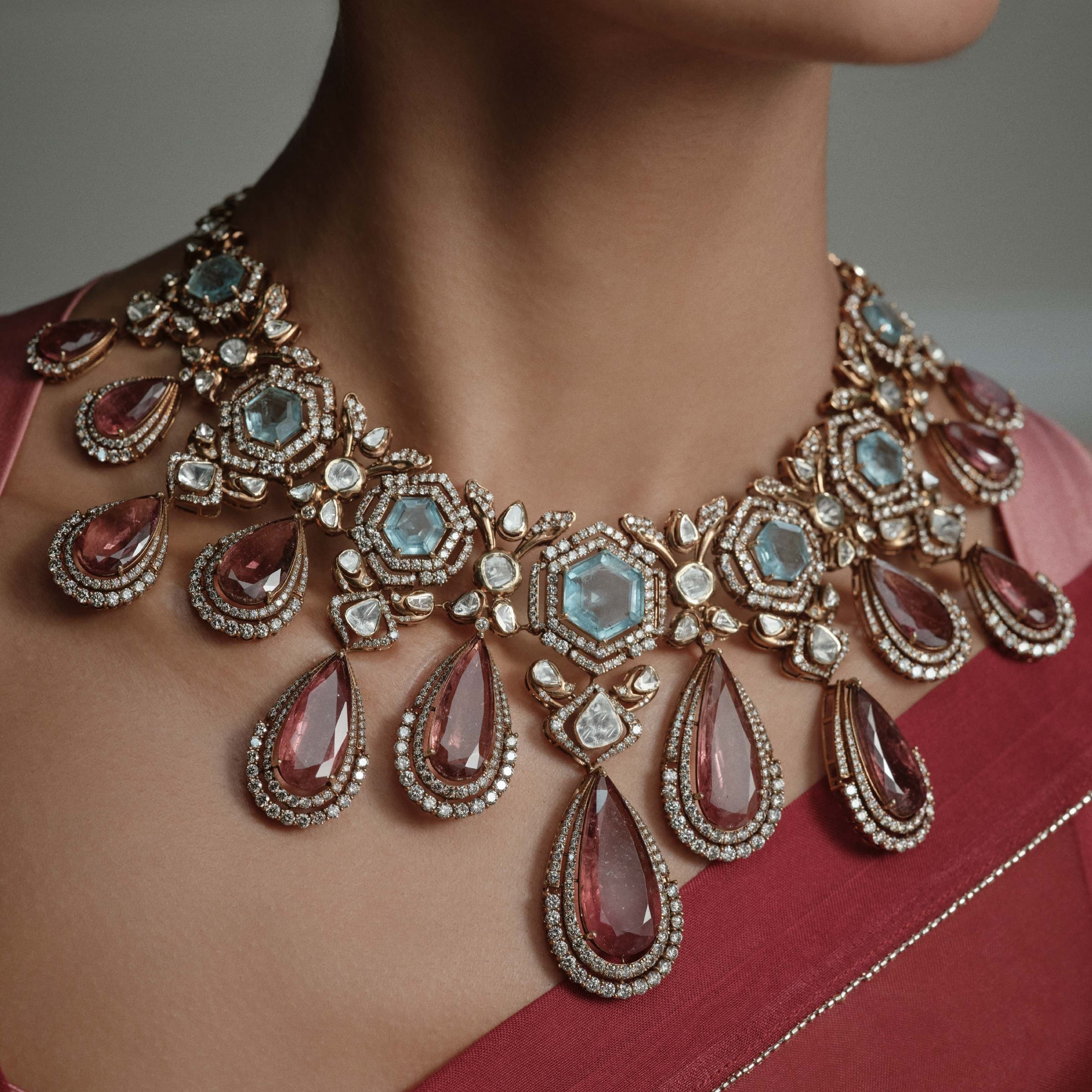 Tourmaline and aquamarine necklace worn