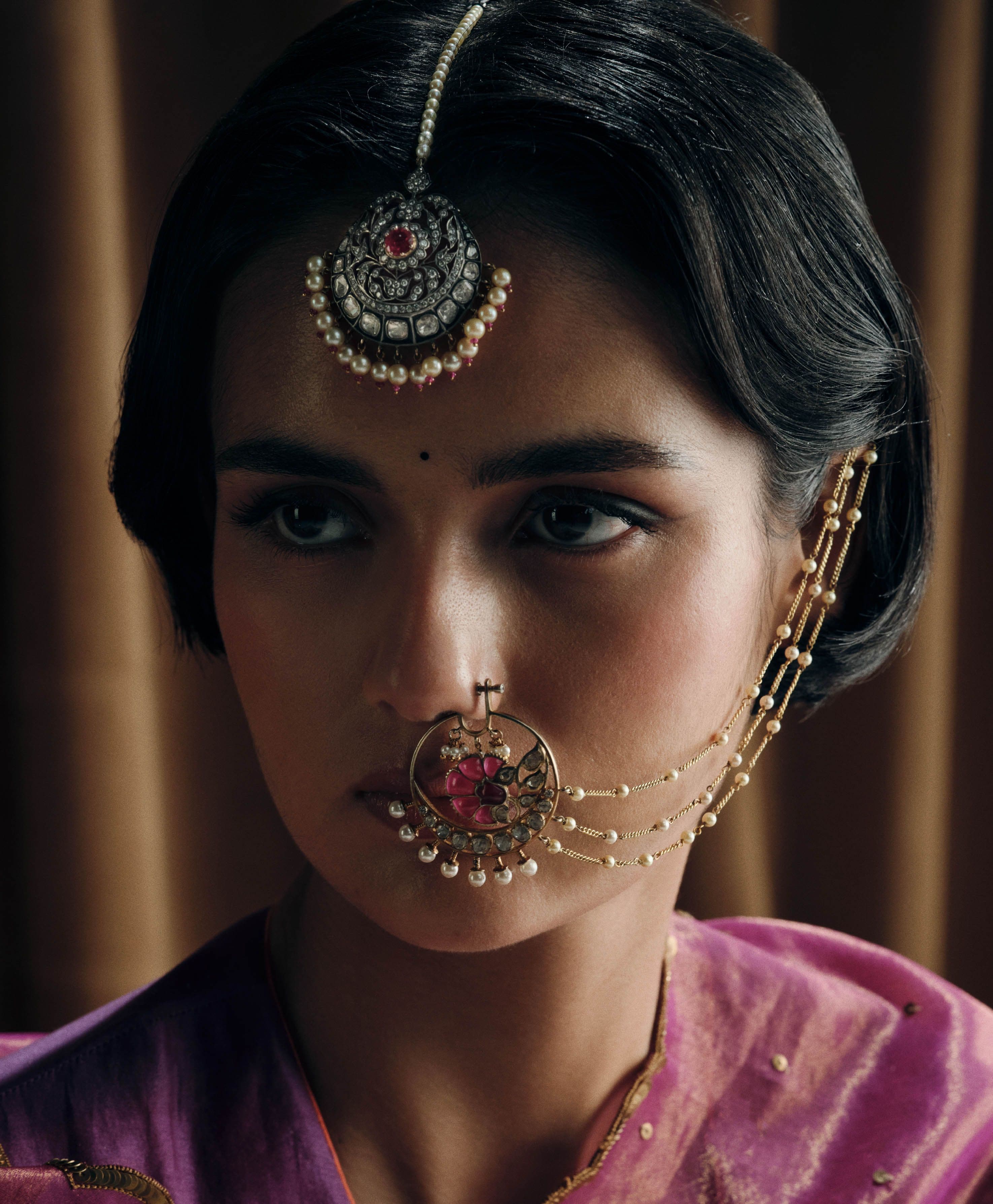 Maang tikka and nath with pearl chains