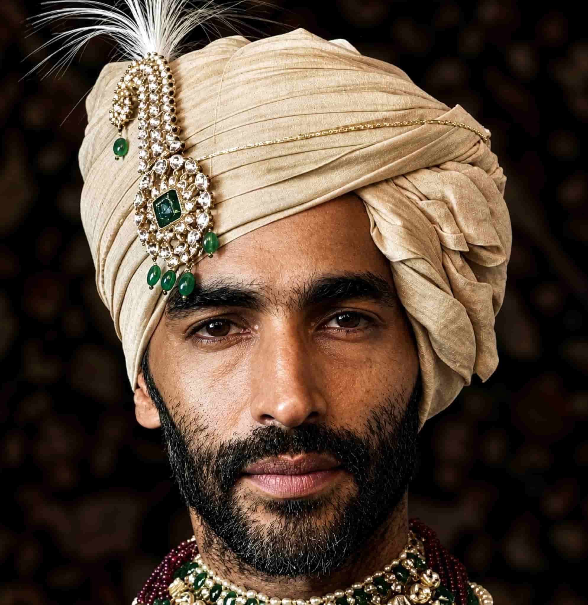 Groom in a cream safa wearing an emerald kalgi with a feather plume