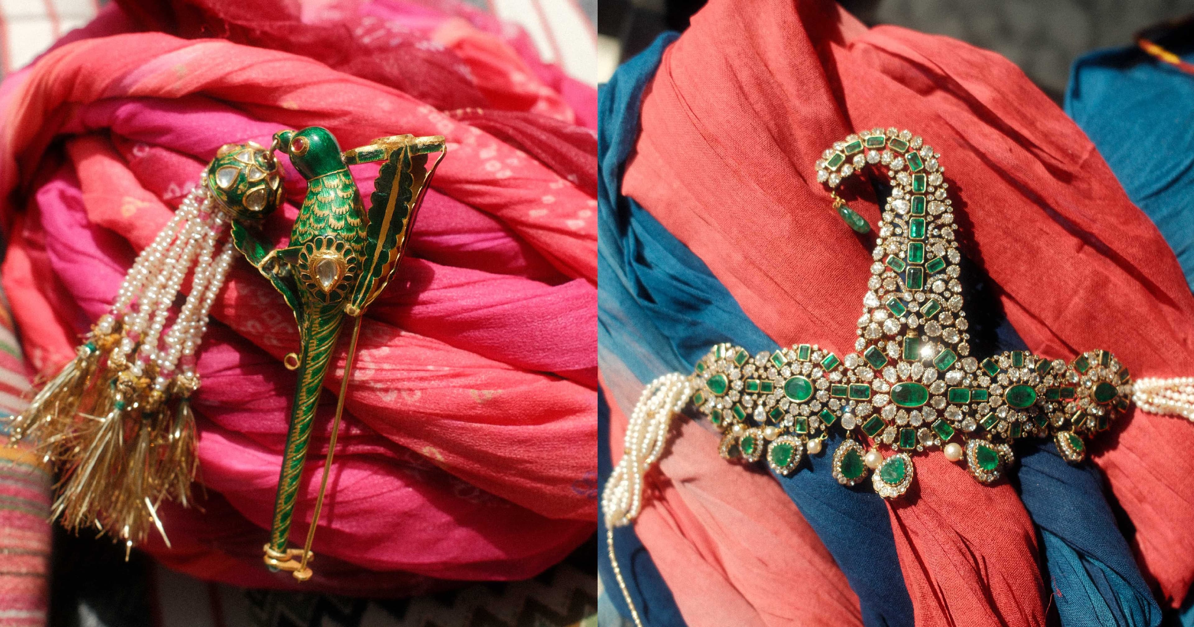 Enamelled parrot turra and an emerald sarpech resting on folded safas