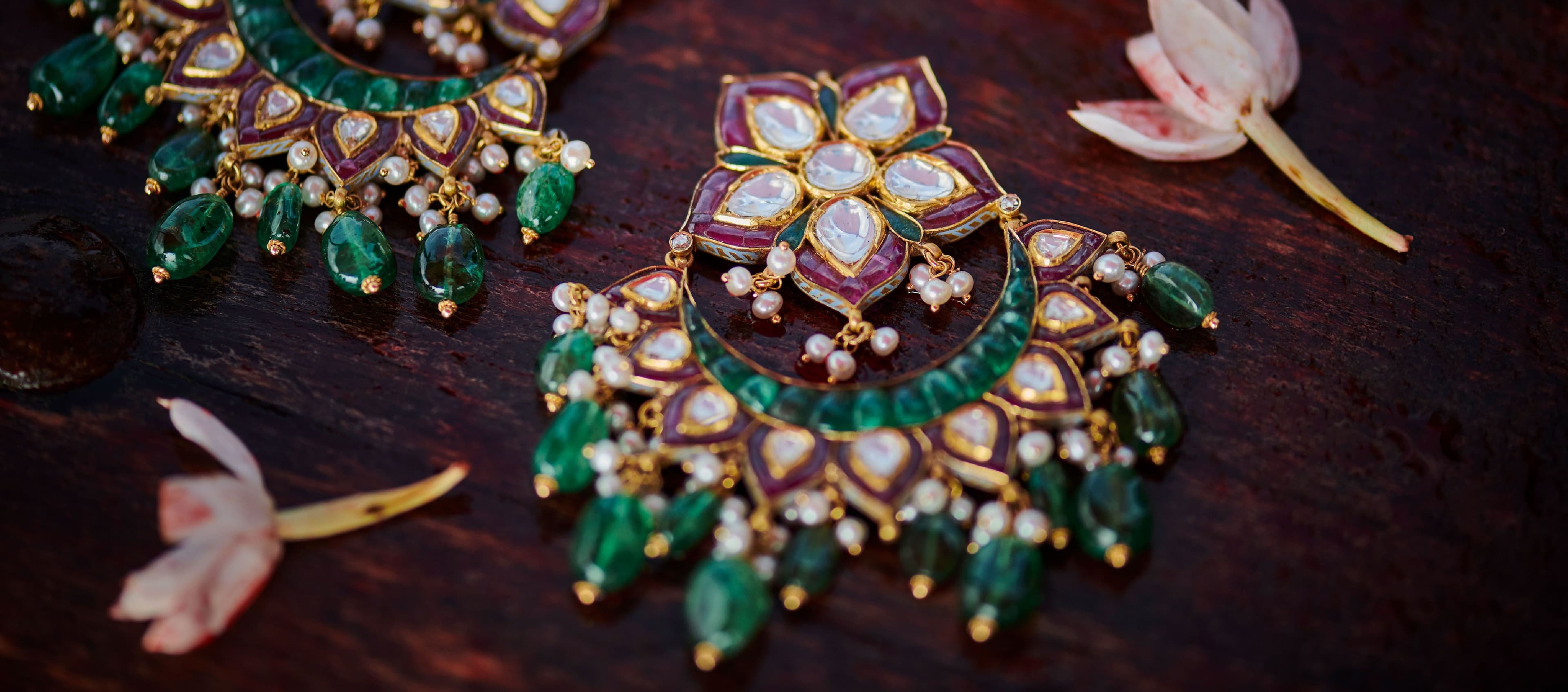 Meenakari chandbali earrings set with polki and emerald drops