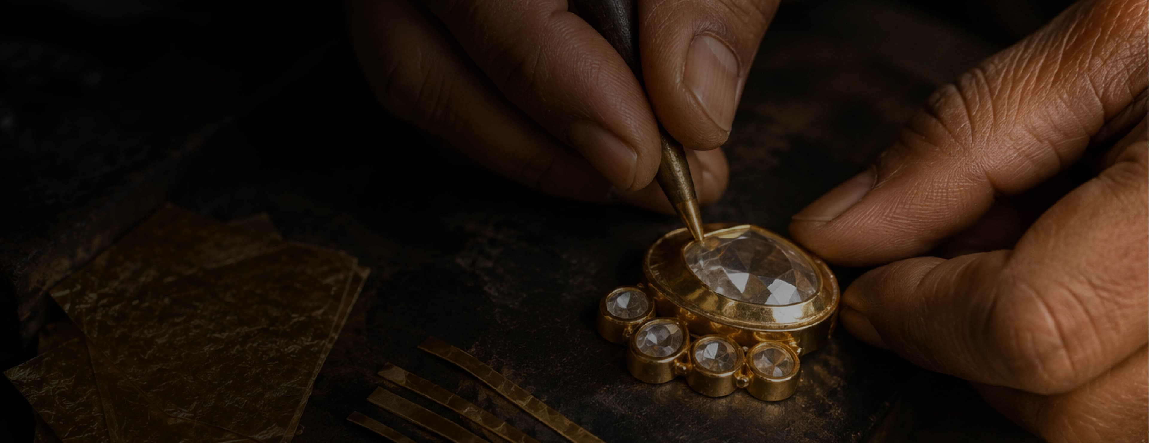 A karigar pressing kundan foil around a polki at the bench