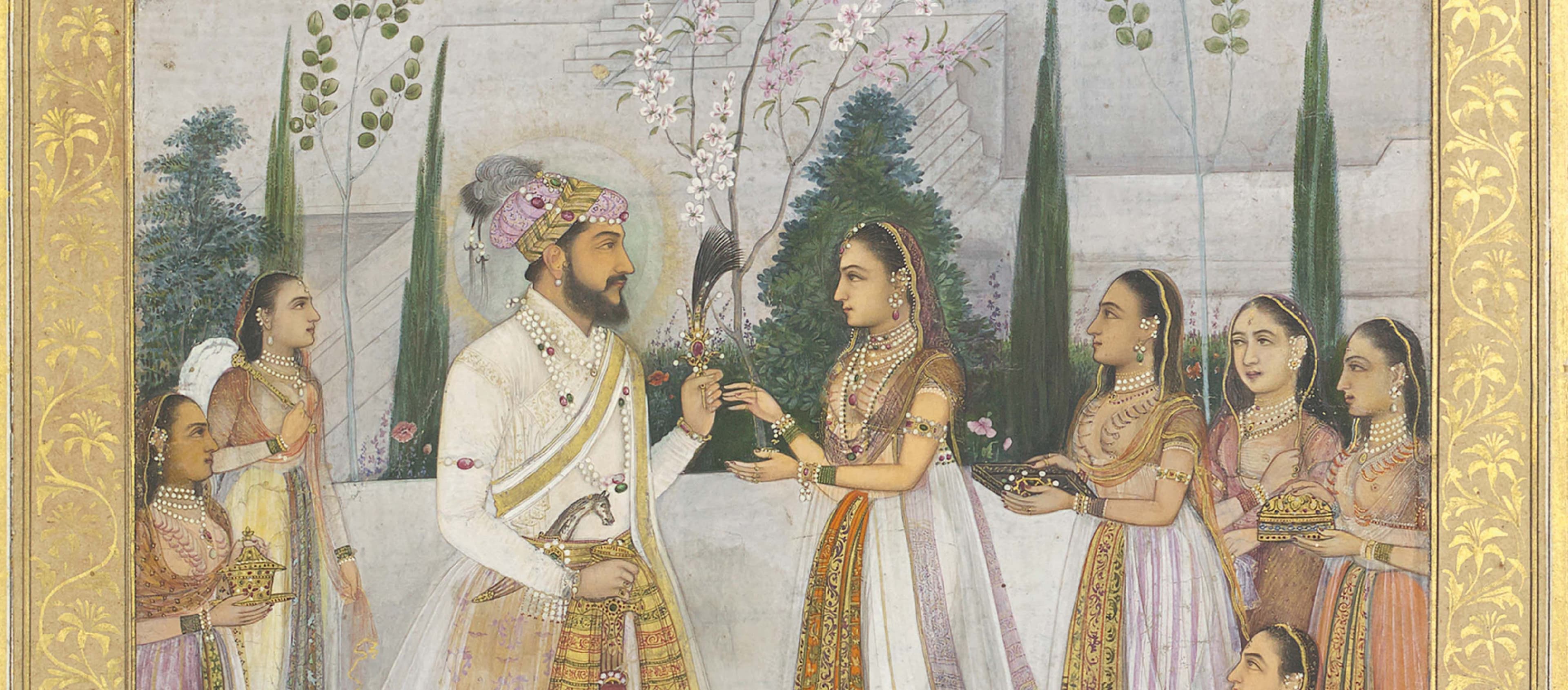 Mughal miniature painting of a garden scene with courtiers